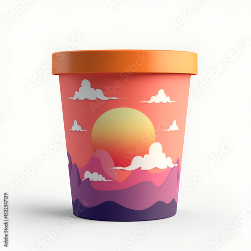 a brightly colored ice cream pint container adorned with a vibrant, stylized sunset and mountain landscape design.