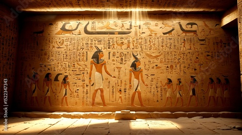 Sunlight Illuminates the Ancient Tomb Wall of Egypt: Sacred Hieroglyphs and Divine Processions from a Lost Civilization. 2