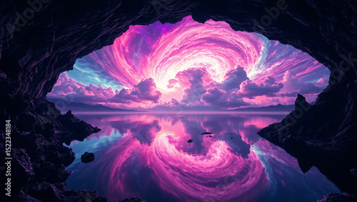 A surreal cave opening to a vast lake reflecting vibrant, colorful cosmic clouds swirling in the sky. 