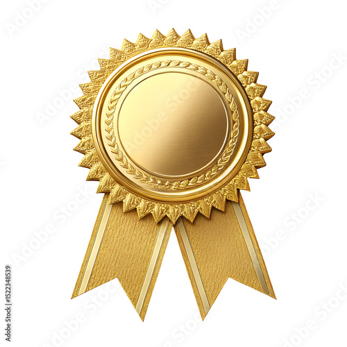gold medal with ribbon, gold blank award badge with ribbon, gold badge  