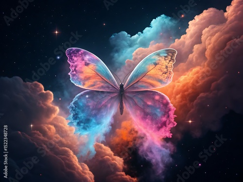 Fantasy galaxy butterfly flying in colorful nebula sky Mariposa