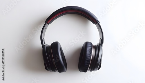 Black headphones resting on a white surface.