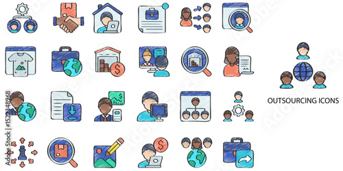 Outsourcing simple concept 24 hand drawn color icons set .Vector illustration.