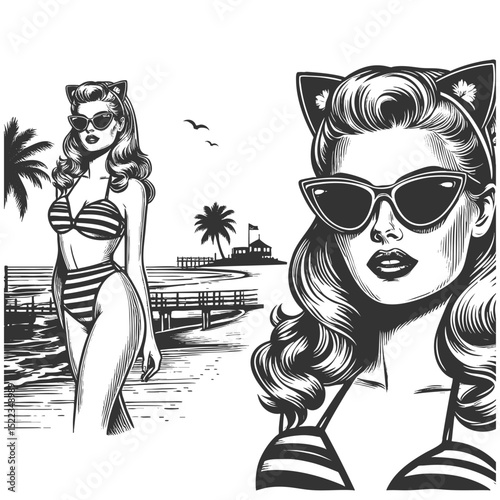 sunglasses standing by a scenic beachside promenade, evoking classic California summer vibes sketch engraving generative ai vector illustration. Scratch board imitation. Black and white image.