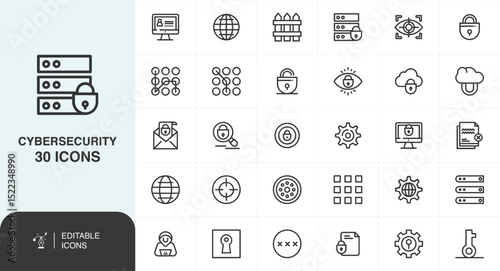 Cybersecurity Interface Icons Set, Security Line Icons Set – Data Protection, Internet Safety, Firewall, Encryption Symbols