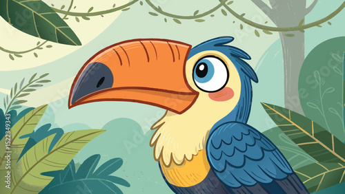 Cute Toucan Head with Oversized Beak and Bright Feathers Cartoon Jungle Bird Vector.