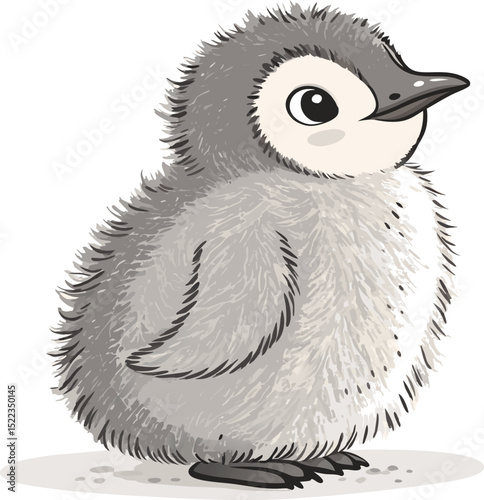 Curious brown penguin chick head with fluffy gray feathers and tiny beak cute baby bird vector isolated on white background.