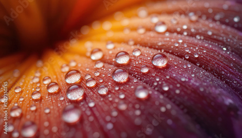 Water droplets on vibrant red flower petal with dew drops after rain, macro photography closeup detail showing moisture beads