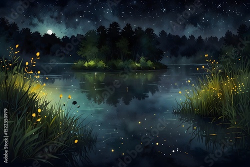 A night landscape with a river and fireflies above in watercolor style