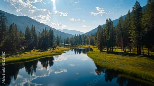Alpine mountain lake landscape. Wild nature background. Blue water natural reservoir in highlands with green pine tree forest. Travel destination. Summer vacation, outdoor tourism. Aerial drone flight
