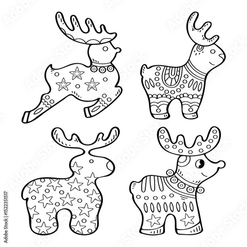 Deer coloring book set. Hand drawn vector illustration. Forest animal with antlers. Cervus, doe, elk, wapiti, maral. Outline with pattern. Cute character. Doodle line art group of elements.