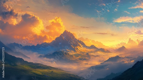 The sky is gold and blue at sunrise over a mountain. It's a beautiful view with fog on the hills. A dramatic sunset also paints the mountain landscape.

