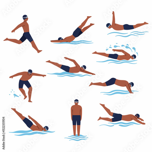Swimmer diverse positions swimming pool water flat style