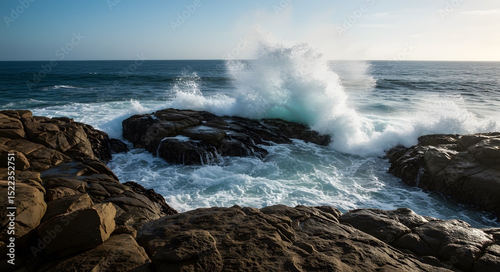 Obraz premium Ocean Waves Crashing Against Rocky Coastline Dramatic Coastal Scene