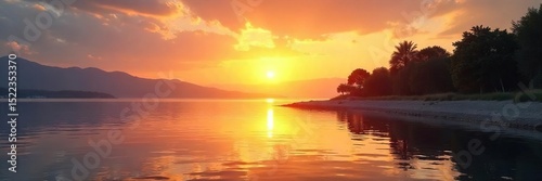 Serene waterfront scene at sunset, calm water reflecting the golden light, tranquil atmosphere, ideal for relaxation and travel themes , clouds, picturesque