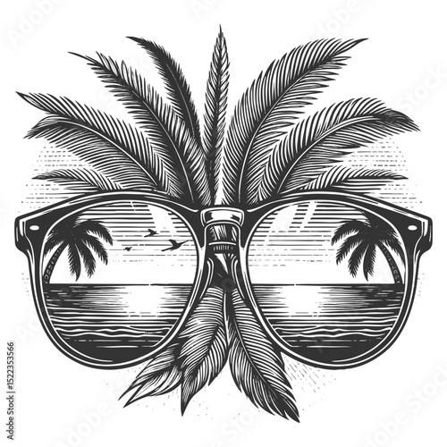 sunglasses reflecting an ocean beach sunset scene with palm trees, waves, and a warm tropical vibe sketch engraving generative ai vector illustration. Scratch board imitation. Black and white image.