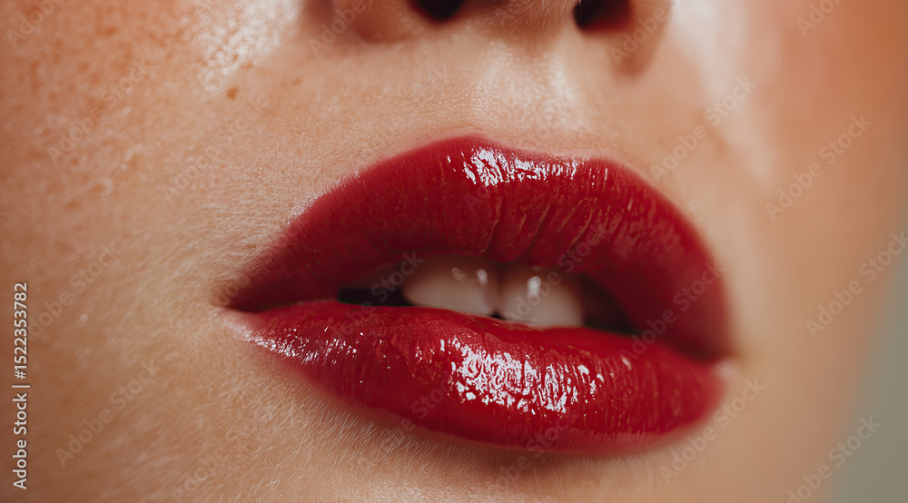 Obraz premium Glossy crimson lipstick adorns naturally freckled skin in intimate beauty portrait.