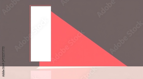 A minimalist scene featuring a doorway casting a vibrant red light on a gray wall and floor space