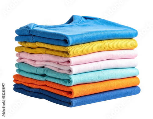 Neatly folded stack of colorful t-shirts arranged in a pile.