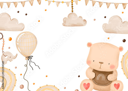 Banner for birthday. Teddy bear and baby garland.  Gender neutral greeting card . Boho kids nursery  watercolor horizontal card.
