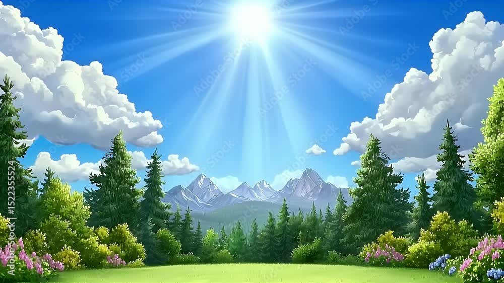 Bright Sunny Day in Mountain Landscape Green Forest, Blue Sky, and Snow Capped Peaks