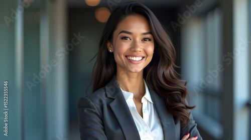 Confident young Asian woman in business attire smiles warmly in a professional environment. Free Download Confident young Asian woman in business attire smiles warmly in a professional environment. - GFXLoad