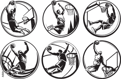 Bundle Collection of 7 different basketball dunk poses in circular frames — great for icons, stickers, and themed sports graphics.