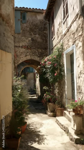Quaint European alleyway with stone walls, archway, potted flowers, and sunlight casting shadows on the cobblestone street.