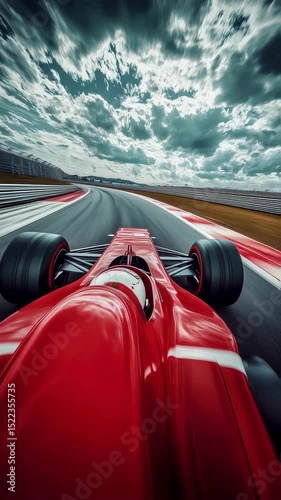 Red Formula 1 Race Car Speeding on a Track Under Dramatic Sky