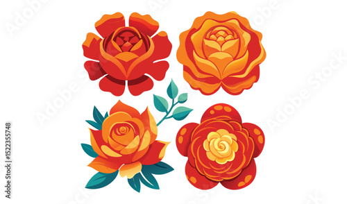 Photo of vibrant orange and red roses, isolated on white background, illustrate a lively floral arrangement