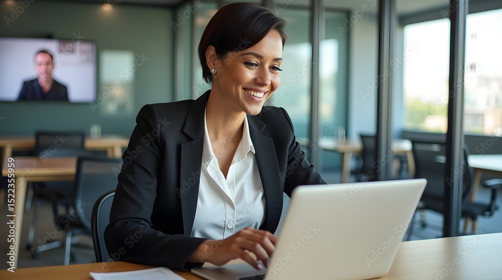 Smiling young Hispanic woman in a black suit working on a laptop in a modern office setting. Smiling young Hispanic woman in a black suit working on a laptop in a modern office setting.