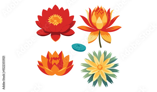 Photo of vibrant red and orange lotuses and a yellow flower, isolated on white background