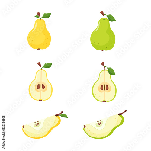 assorted green and yellow pears, whole pears, halves of pears and combinations thereof
