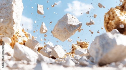 Flying Rocks and Debris Against a Bright Blue Sky Background
