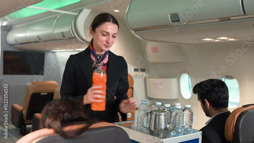Air Hostess Serving Water to Airline Passenger During Flight With Focus on Friendly Cabin Crew and Excellent In-Flight Service Experience