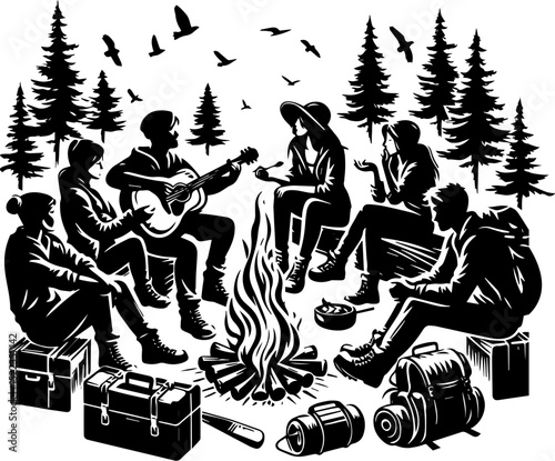 Group of friends sitting around campfire playing guitar in the forest  