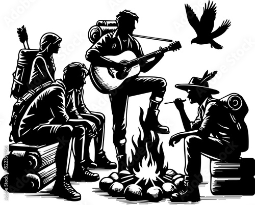 Group of campers enjoying music by the campfire at night  