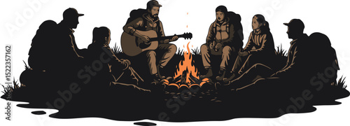 Group of friends sitting around a campfire while playing guitar  