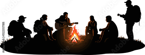 Group of friends enjoying music around a campfire at night  