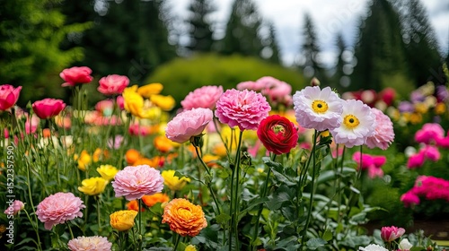 Colorful Garden Landscape with Vibrant Flowers in Blooming Spring
