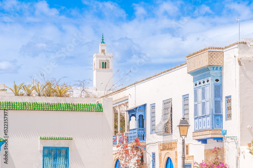 Sidi Bou Saïd, village coloré en bleu et blanc, et touristique de Tunisie.	