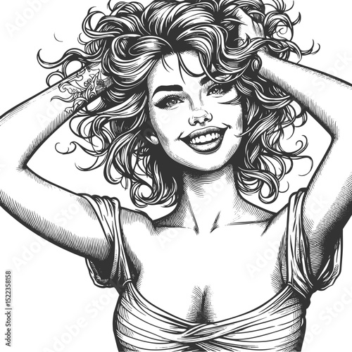 joyful woman with voluminous curly hair, striking a carefree pose with a radiant smile sketch engraving generative ai vector illustration. Scratch board imitation. Black and white image.