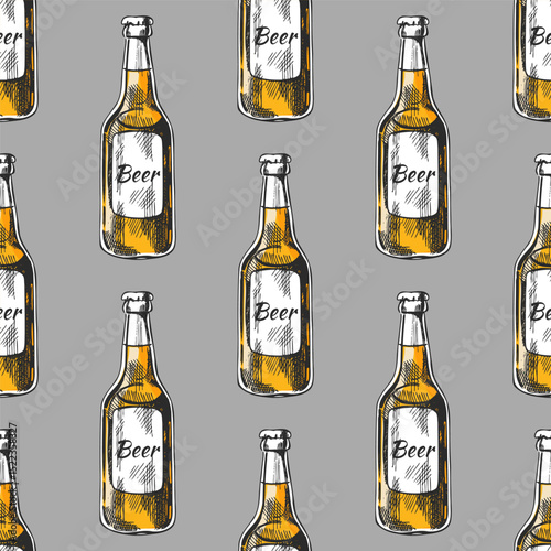 Hand drawn vintage sketch of beer bottles in engraving style with yellow accents on gray background, seamless pattern