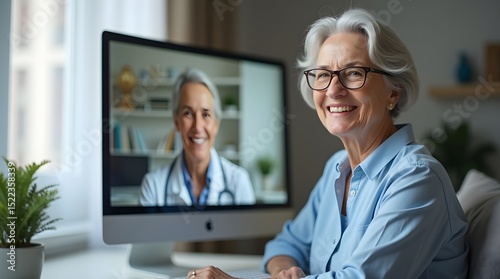 A senior Caucasian woman smiles during a virtual medical consultation at home, showcasing the importance of telehealth.