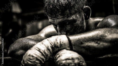Photograph a fighter collapsed on a bench, still breathing heavily after an intense battle. Sweat trickles down their face, their hands rest heavily on their knees, blood staining the edges of their g