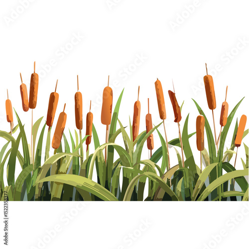 Wetland nature elements set - marsh plants with cattails, vector plant graphic design