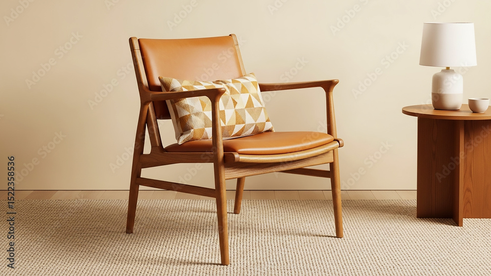 Obraz premium Modern Mid-Century Leather Wooden Armchair With Geometric Pillow