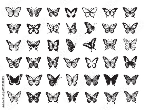 Silhouettes of butterflies. Black pictures butterflies. Insect butterfly black silhouette, winged gorgeous animal, vector illustration.