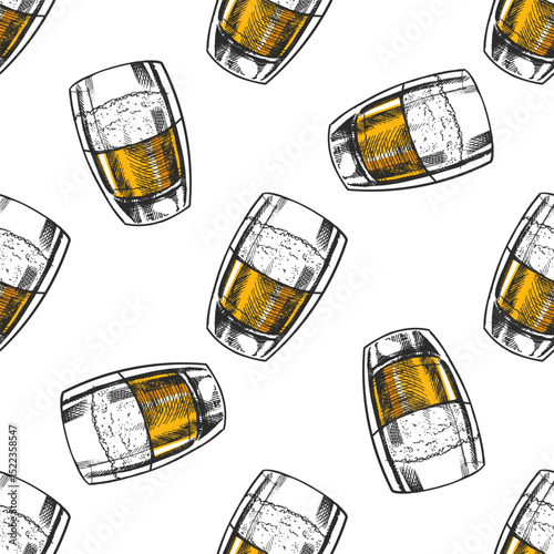 Seamless pattern with hand drawn vintage beer glasses in engraving style with yellow color on white background
