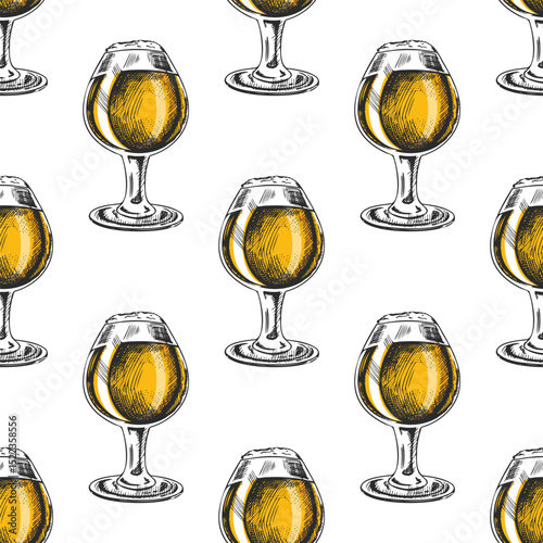 Seamless pattern with hand drawn vintage brandy or wine glasses in engraving style with yellow color
